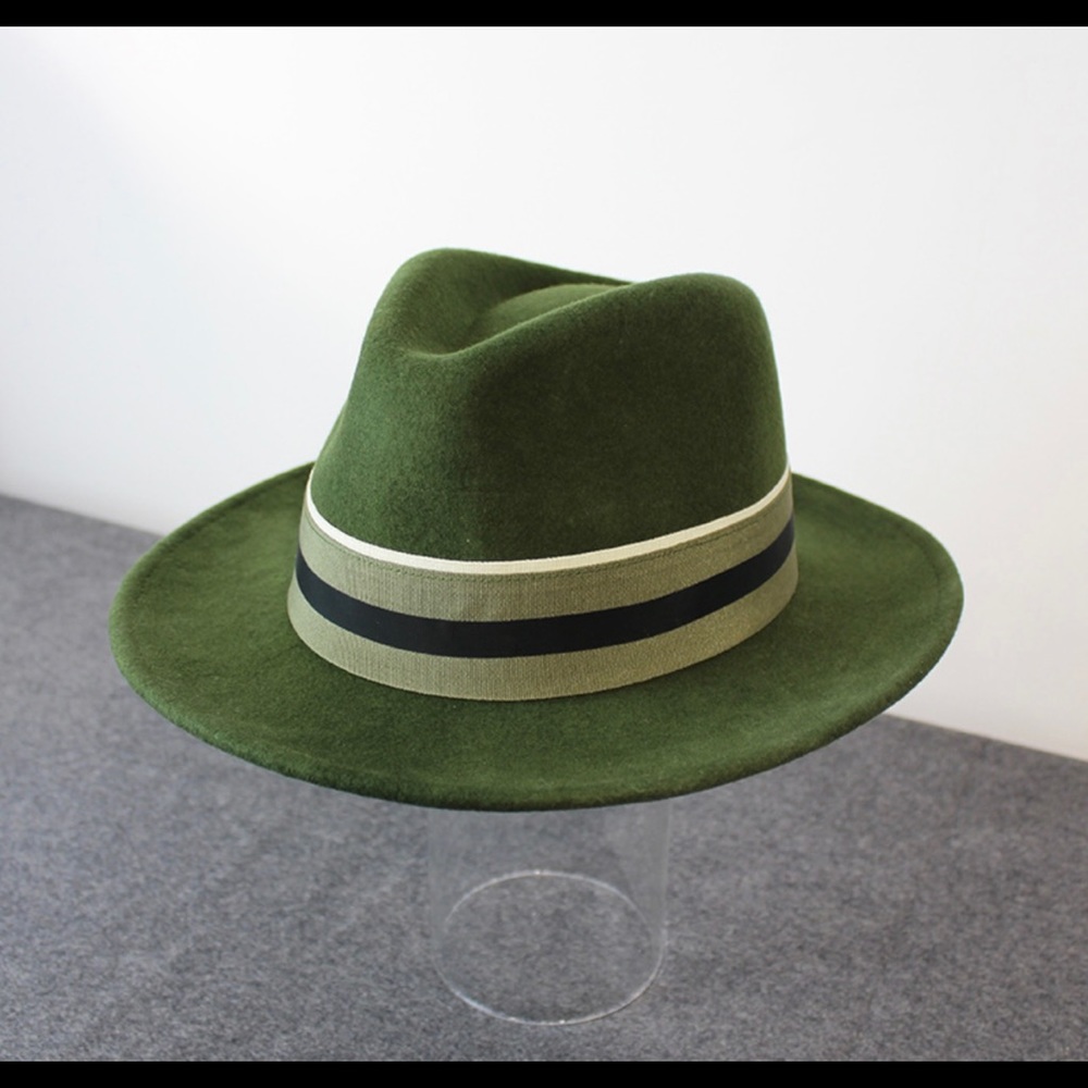 High Quality Unisex Green Australian Wool Fedora stripe ribbon hat - Picture 1 of 10